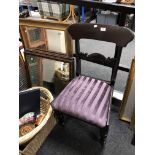 An antique dining chair together with three framed mirrors