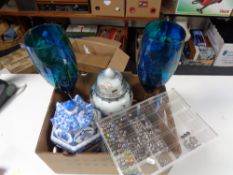 A box of two oriental style lidded vases, Pandora style charms, two glass vases,
