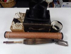 A box of top hat by Bliss's of London, Gent's collars, vintage parasol in tube,