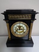 A late nineteenth century painted metal mantel clock by the Ansonia clock company with brass and