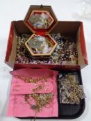 A tray of costume jewellery, beaded necklaces, Gent's quartz Omega watch,