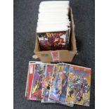 A box of approximately 100 American super hero comics in protective covers
