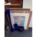 Three pieces of blue glass and three prints