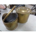 An antique brass coal bucket with tongues together with further lidded coal receiver