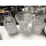 Two lead crystal whisky decanters together with a cut glass vase