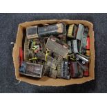 A box of assorted Hornby rolling stock, tin plated train track,