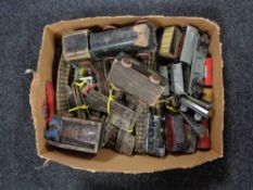 A box of assorted Hornby rolling stock, tin plated train track,