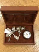 A silver pocket watch (a/f), together with three silver spoons and four further plated spoons.