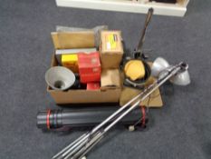 Two boxes of photographic items, lights, enlarger,