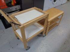A pine two tier serving trolley with lift off tray and three tier stand