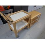 A pine two tier serving trolley with lift off tray and three tier stand