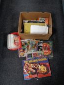 A box of Rolling stones tour programme, Super Star collector's cards, vintage Elvis magazines,