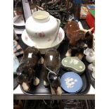 A tray of six pieces of Wedgwood jasper ware, china shire horses,