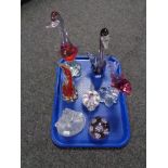 A tray of seven pieces of glass ware, paper weight, owl figure and teapot,