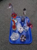 A tray of seven pieces of glass ware, paper weight, owl figure and teapot,