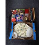 Two boxes of commemorative pieces including books, tins etc , Mason's case with apron,