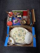 Two boxes of commemorative pieces including books, tins etc , Mason's case with apron,