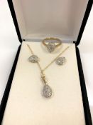 A suite of diamond set 9ct gold jewellery to include ring,