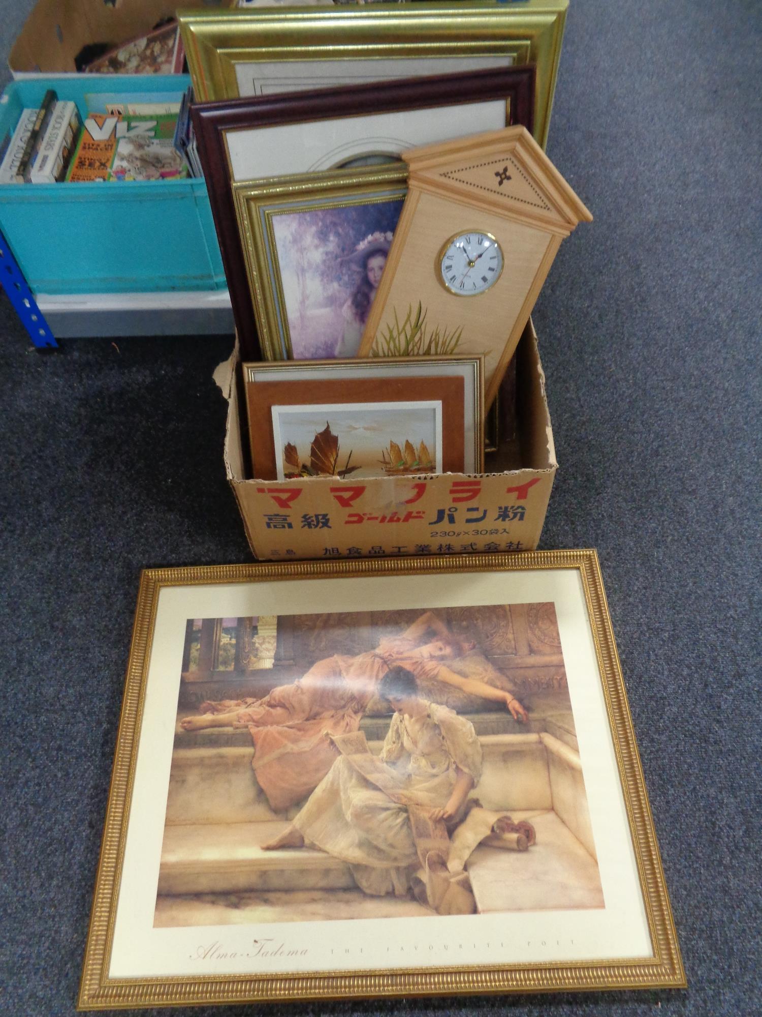 A box of framed pictures and prints, Quartz wall clock,