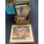 A box of framed pictures and prints, Quartz wall clock,
