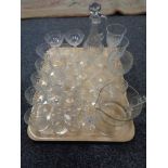 A tray of antique and later glass, decanter,