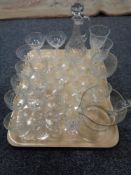 A tray of antique and later glass, decanter,