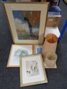 A box of four framed watercolours and prints,