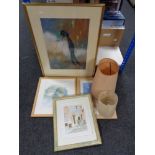 A box of four framed watercolours and prints,