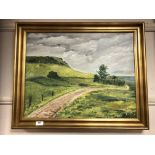 Continental School : Farmland, oil on canvas, framed.