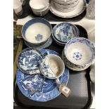 A tray of antique and later blue and white china, finger bowls, teapots,