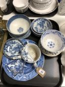 A tray of antique and later blue and white china, finger bowls, teapots,