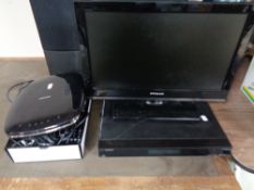 A Polaroid 19 inch LCD TV with remote together with a Samsung pebble DVD player and Humax freesat