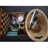 A box of china, chess board, pottery jug, place mats,