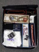 A tray of costume jewellery, silver heart ring, coral necklace, beads etc,