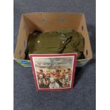 A box of Great British regiments cap badges, army tunic, St.