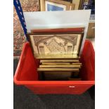 A quantity of gilt framed pictures, oils on canvas, decorative map,
