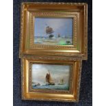 Two H. Bennett oil on boards depicting tall ships at sea in gilt frames.
