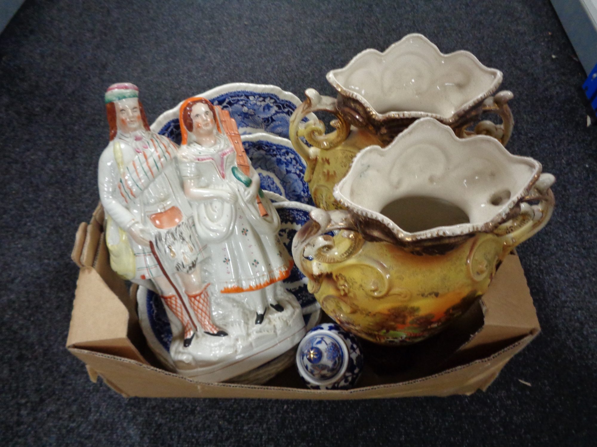 A box of antique printed vases, Staffordshire figure,