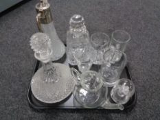 A tray of glass, whisky decanter, claret jug,