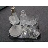 A tray of glass, whisky decanter, claret jug,