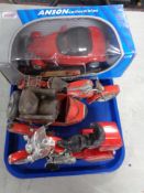 A tray of boxed Amso die cast vehicle - Plymouth, together with tin plated motorcycle with side car,