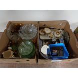 Two boxes of antique blue and white meat plate, costume jewellery, dressing table set,
