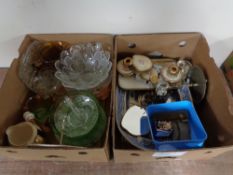 Two boxes of antique blue and white meat plate, costume jewellery, dressing table set,
