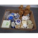 A box of Ringtons china, Oriental resin figures,
