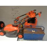 A Flymo mower with lead and grass box together with a concertina metal tool box and tools