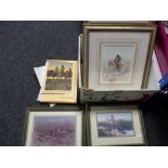 A box of nine Charles Russell prints depicting Cow boys and Native Americans with accompanying book