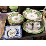 A tray of Coalport green and gilt porcelain dessert china, blue and white Shredded wheat dish,