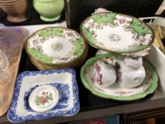 A tray of Coalport green and gilt porcelain dessert china, blue and white Shredded wheat dish,