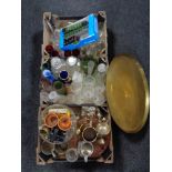 Three boxes of metal ware, glass,