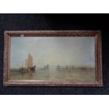 A gilt framed textured print depicting figures in sailing boat with bridges beyond